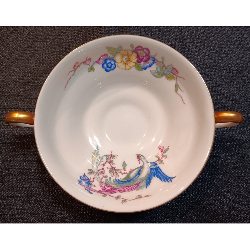 Castleton China Phoenix Cream Soup Bowl Gold‎ Handles Floral Bird Made in USA
